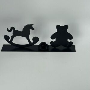Current Taiwan ROC Black Metal Teddy Bear Rocking‎ Horse Candlestick Holder